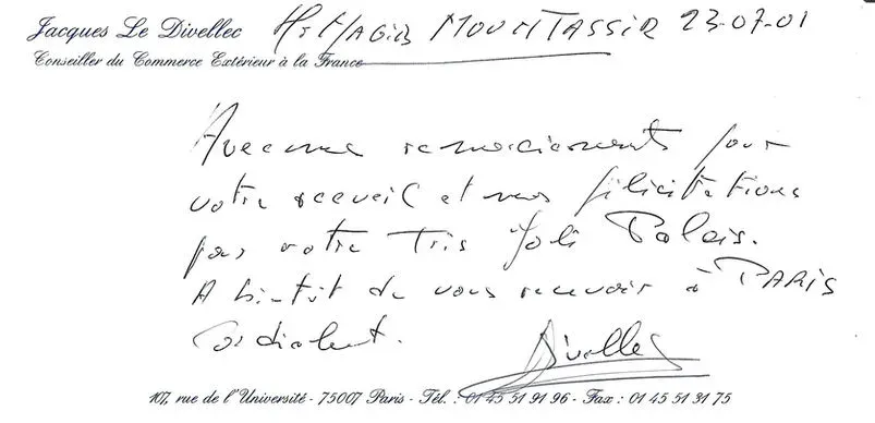 Guest experience handwritten note from Jacques Le Divellec