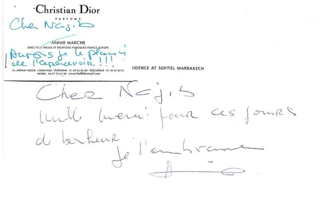 Guest experience handwritten Christian Dior note